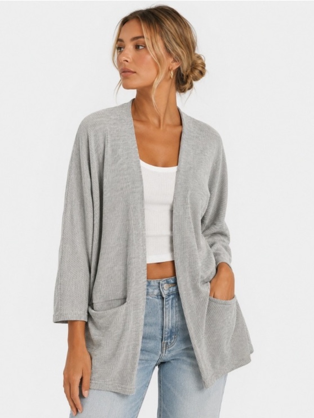 Anthropologie DONNI. Heather Gray/white Open-Front Longline Cardigan 🆕